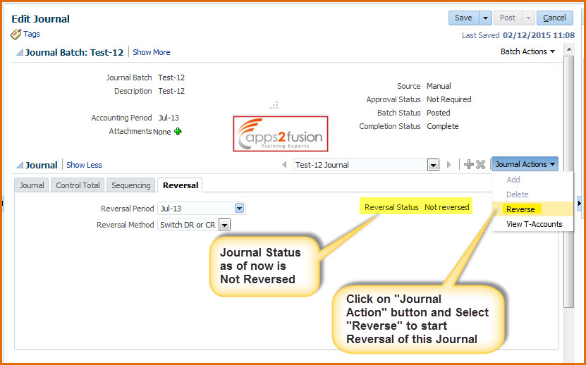 Reversing Journal Entries in Fusion Application